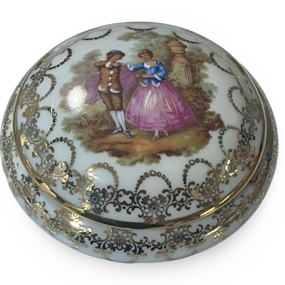 Vintage Limoges White and Gold Fragonard Hand Painted Lidded Trinket Bowl